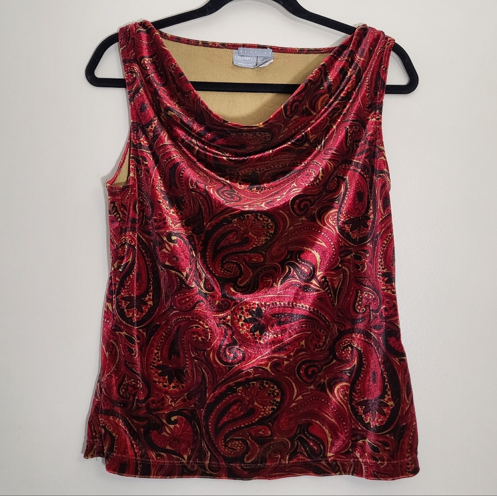 Old Navy Stretch Red, Black, & Tan Velvety Paisley Cowl Neck Blouse Size Large